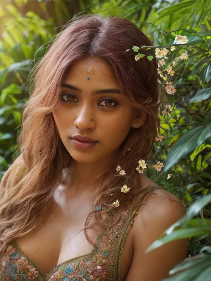 fashion photography portrait of indian girl with multi color hair, in lush jungle with flowers, 3d render, cgi, symetrical, octane render, 35mm, bokeh, 9:16, (intricate details:1.12), hdr, (intricate details, hyperdetailed:1.15), (natural skin texture, hyperrealism, soft light, sharp:1.2), detailed, sunlight passing through foliage