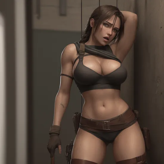 Lara Croft, portrait, moonlight, hot pants, cleavage, perfect breasts, sweaty, award-winning, in a prison cell, (8k, RAW photo, best quality, masterpiece:1.2),ultra-detailed, (high detailed skin:1.2), 8k uhd, dslr, soft lighting, high quality, ,  ,  (extremely detailed face),, titfuck, through the cell cage,  inside cell, titfuck through the cage,