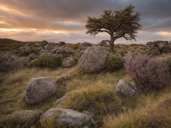 colour photo of a wild and abandoned landscape with nodule granite boulders at sunset, lonely twisted tree, intricate textures, windswept, heather, grasses, epic moody thundercloud sky, sunbeams, wilderness backdrop, exceptionally detailed, ultra quality, photorealistic, 8k, award winning, 20mm, landscape photography, high contrast, Adobe RGB, vibrant, HDR