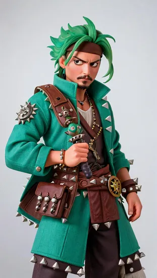 Johnny Depp, Stoic guardian @JohnnyDepp, ((spiky green hair)), intense focused eyes, traditional attire with a modern streetwear twist, illustrated with ghostly spirits in the background, katana sword, cool and collected demeanor, tattoo peeking from under the shirt, urban samurai aesthetic.