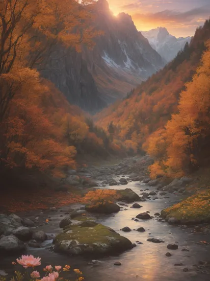 photo RAW,(autumn,sunrise,mountains and a river, (flowers on foreground), 4k highly detailed digital art, 8k hd wallpaper very detailed, impressive fantasy landscape, sci-fi fantasy desktop wallpaper, 4k detailed digital art, sci-fi fantasy wallpaper, epic dreamlike fantasy landscape, 4k hd matte digital painting, 8k stunning artwork,Realistic, realism, hd, 35mm photograph, 8k), masterpiece, award winning photography, natural light, perfect composition, high detail, hyper realistic, (composition centering, conceptual photography)