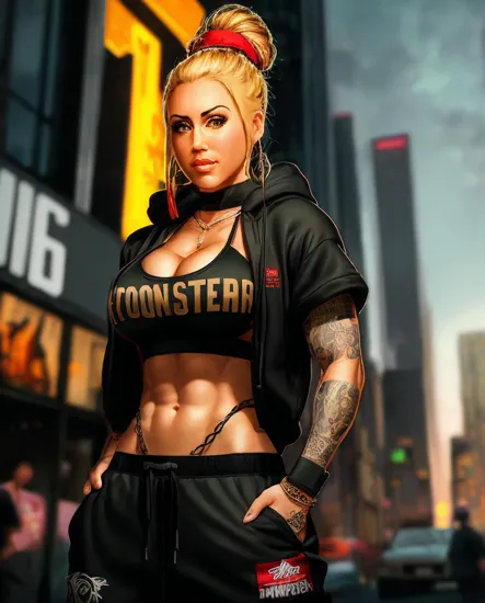 @Laura MONSTER TUESDAY. 1990's gangster rapper. Hip-hop. Baggy sweatpants. Baggy Hoodie. Red bandana. Long blonde golden hair in a bun. Big booty. Big boobs. Flat sixpack abs. In the streets at night. MONSTER TUESDAY. FIGHTING MONSTERS.