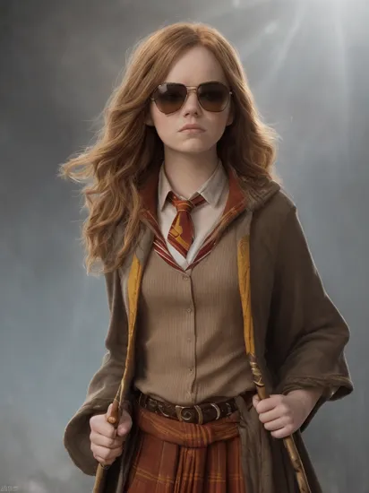 A stunning digital painting of (Emma Stone:1.4),masterpiece, best quality, high detailed, (As Hermione Granger from the Harry Potter series, clad in her Hogwarts school uniform with a Gryffindor tie and robe, her wand at the ready. She stands in the halls of the magical castle, her intellect and loyalty shining through as she prepares to face challenges with her friends Harry and Ron.:1.5),(in the style of Frank Frazetta:1.3),(A pair of bold, retro-inspired sunglasses that shield her eyes from the sun while simultaneously adding a touch of glamour to her overall look.:1.6),A half-up, half-down style with a deep side part, featuring large, loose waves and a few strands left loose around the face.,epic fantasy character art, concept art, fantasy art, a character portrait, fantasy art, vibrant high contrast,trending on ArtStation, dramatic lighting, ambient occlusion, volumetric lighting, emotional, Deviant-art, hyper detailed illustration, 8k, gorgeous lighting, ,vamptech ,rifle, android,