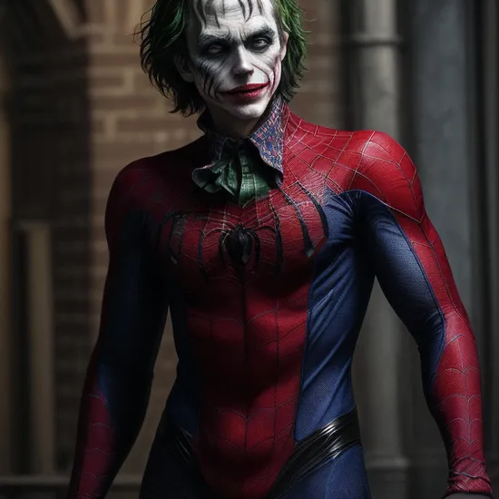 A photo of the Joker in Spiderman's red and blue spandex suit with web patterns, web pattern and black spider emblem on the chest.