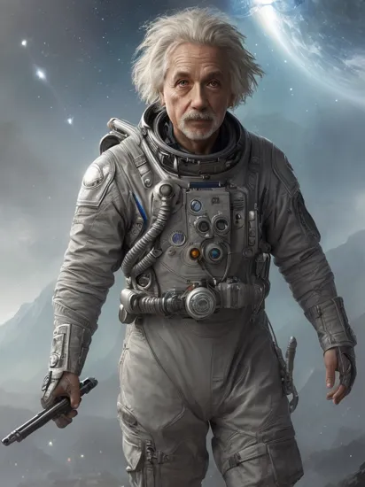 ExpeditionStyle albert einstein man in a space suit with a light in his hand, concept art by Raymond Swanland, cgsociety, afrofuturism, future tech, cryengine, concept art   , (Masterpiece:1.3) (best quality:1.2) (high quality:1.1)