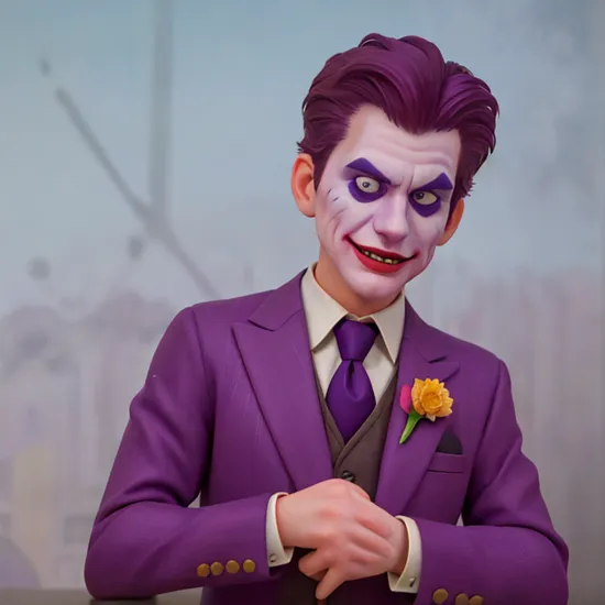 Hyperrealistic art of  
The Joker with a purple suit and tie in Gotham city universe, Extremely high-resolution details, photographic, realism pushed to extreme, fine texture, incredibly lifelike