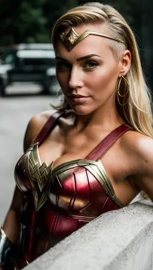 wonder woman with super short and spiky golden blonde hair with the sides of her head shaven bald.@Laura