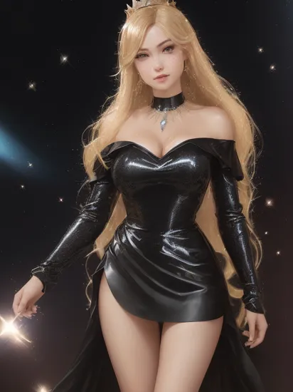 professional detailed photo, (samus aran:1.2) dressed in (latex (Rosalina off-the-shoulder tight black dress:1.2), (long straight blonde hair), (jewelry, tight black off-the-shoulder dress, princess crown, jewel brooch, long wide sleeves), (perfect face, beautiful face, symmetric face), (shiny glossy translucent clothing, gleaming oily latex fabric :1.1), (sparkles, sparkling hair, sparkling clothes, sparkles around face:1.3), high heels,
8k, RAW photo, photo-realistic, masterpiece, best quality, absurdres, incredibly absurdres, huge filesize, extremely detailed, High quality texture, physically-based rendering, Ray tracing,