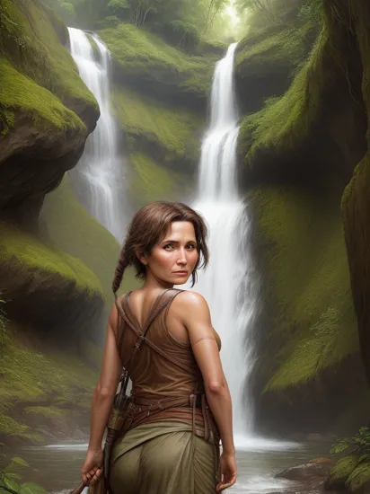 closeup, portrait of an old grandma near a waterfall in the jungle, back to the camera, indiana jones, lara croft, adventurer 