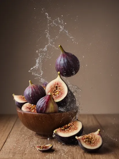 ((( Food Photography,))), ((Impressive)), ((Astounding)), ((Elegant)), ((Enchanting)), ((8K)), ((4K)), a wooden bowl filled with figs on top of a table, a fig cut in to two pieces is tossed in the middle of water splashes, a still life by Jean-Pierre Norblin de La Gourdaine, featured on cg society, art photography, photo taken with ektachrome, photo taken with nikon d750, macro photography, water splashes, , photograph, Picture, Photo, Image, studio lighting, Photography lighting, Controlled light, Controlled illumination, f/2.8, Wide aperture, Zoom lens, Fast lens