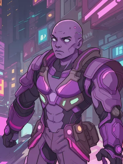 , bald josh brolin as male thanos marvel character (having purple skin:1.1) wearing (transformers style armour:1.1), (reimagined in a cyberpunk universe), (cyberpunk style), (cyberpunk), (cyberpunk style thanos armour), bald, (augmentation), (cybernetics), glowing neon lights, cinematic scene, hero view, action pose, beautiful 8k, detailed background, masterpiece, best quality, high quality, absurdres, vivid, detailed skin texture, (neon glow tubes running through the outfit:1.1), (brooding:0.5), (goosebumps:0.5), subsurface scattering,    