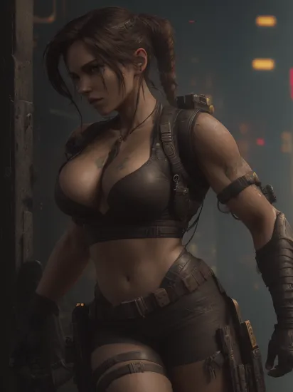 Lara Croft, (reimagined in a cyberpunk universe), (cyberpunk style), (cyberpunk), (cyberpunk outfit), (punk hair), augmentation, cybernetics, glowing neon lights, cinematic scene, hero view, action pose, masterpiece, best quality, high quality, absurdres, vivid , Photorealistic, Hyperrealistic, Hyperdetailed, analog style, detailed skin, matte skin, soft lighting, subsurface scattering, realistic, heavy shadow, masterpiece, best quality, ultra realistic, 8k, golden ratio, Intricate, High Detail, film photography, soft focus