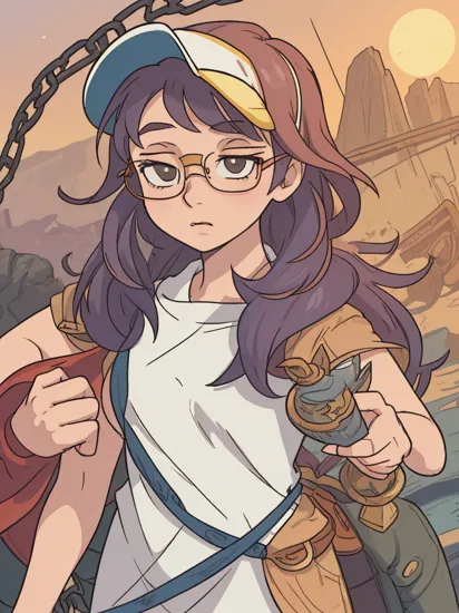 a masterpiece, award winning, best quality, a young woman, perfect face, exciting, upper body, concept art, Nasty tiny Cyclops, Geomancer, wearing dress designed by Harry Potter, South-American hair, Trucker hat, Glasses chain, at Golden hour, Cel shaded, Sots art, Side lighting