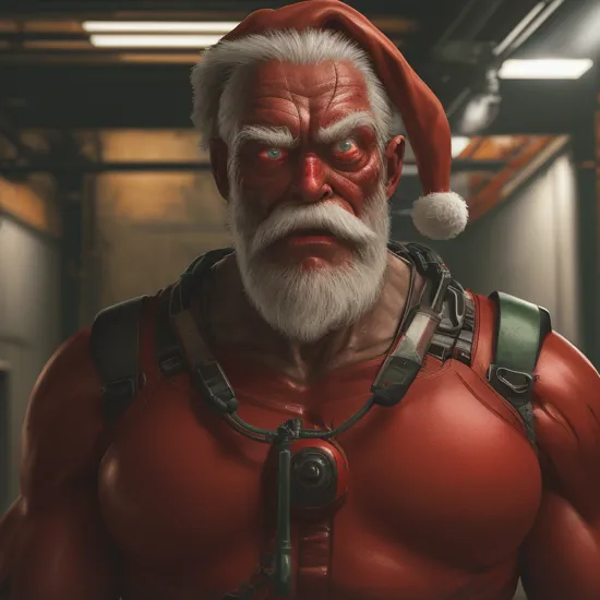 raw photo,cinematic shot,realistic,cybermutant terminator santa claus with glowing red and green tubes in an industrial facility
