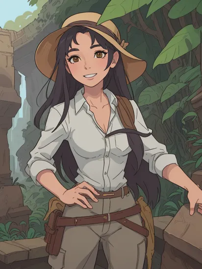 photo of (MeiyuCipher:0.99), a woman as a sexy adventurer, (wearing Indiana Jones outfit:1.2), (trousers), (hat), (inside some ruins in the jungle:1.1), modelshoot style, (extremely detailed CG unity 8k wallpaper), photo of the most beautiful artwork in the world, professional majestic oil painting by Ed Blinkey, Atey Ghailan, Studio Ghibli, by Jeremy Mann, Greg Manchess, Antonio Moro, trending on ArtStation, trending on CGSociety, Intricate, High Detail, (Sharp focus:1.1), dramatic, photorealistic painting art by midjourney and greg rutkowski, ((looking at viewer:1.2)), (detailed pupils:1.3), (ruins), (jungle in the background), (grin 512:1.1), (close portrait:1.3)