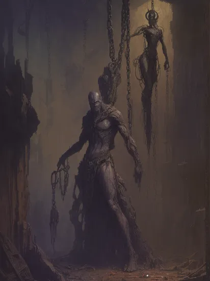 thanos,   captured , chained 
hanged in the sky
veil, vessel of sin,
glowing gems
cyberpunk
messy room
shadow, dim light, dark room. messy, detailed background,
dystopian
(concept art  by H.R giger, Zdzislaw Beksinski)
[(details:1.2): [ (many small details:1.3) : [ (many ultrasmall details: 1.2):(very detailed ultrasmall edges and microrelief:1.5):0.7 ]: 0.4 ] :0.2]