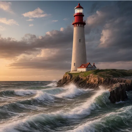 detailed lighthouse, flash light, hyper realistic, epic composition, cinematic, landscape vista photography, landscape veduta photo & tdraw, detailed landscape painting rendered in enscape, intense charismatic atmosphere, 4k detailed post processing, big tsunami waves in background