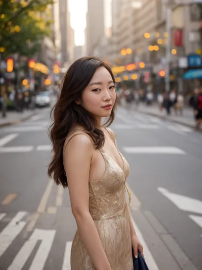 glamour photo of teresa_jia, amidst a bustling city, upper body framing, in a street photography setting, golden hour lighting:1.3), shot at eye level, on a Fujifilm X-T4 with a 50mm lens, 