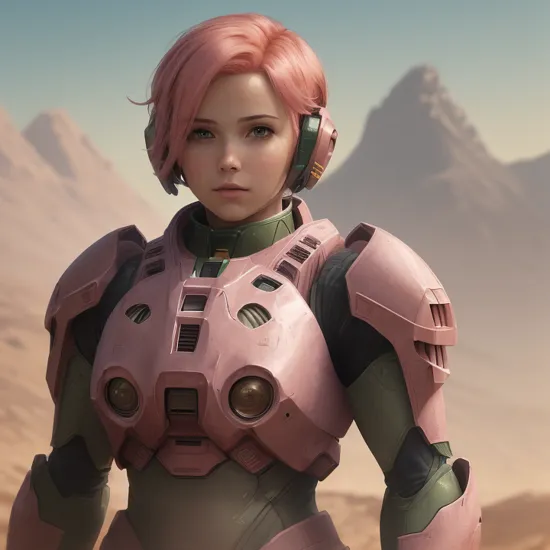 (((Masterpiece)))(sfw),(best quality),((Chest covered)),cinematic light,(((Female Master chief)))(Pink Hair),solo,(Panels of metal covering body))(Armor Panels),(chest covered), far from camera, (((mountains in the background))), ((mars)), science fiction,