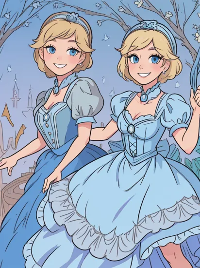(((cinderella))) (((disney))), blonde hair, blue eyes, blue dress, ((smiling))  ,
smirk, Highly detailed, intricate, detailed pupils
art by onche_ondulay