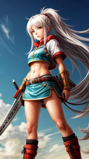 In a makima , chainsaw man theam,  toon world style warrior girl with a sward in her hand , Walking pose , White long hair,