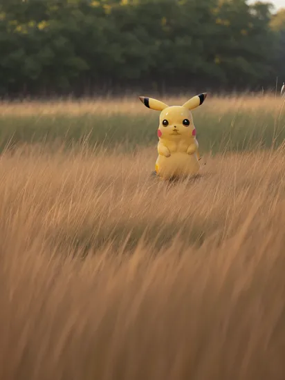 pikachu in the tall grass, morning, volumetric