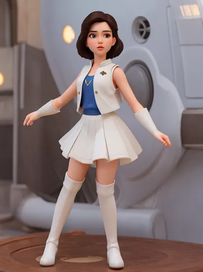 masterpiece, modelshoot style, 8k, realistic, ((photo realistic)), hyper realistic, ultra high quality, Snow White wearing a white sleeveless Starfleet uniform which ends in a short skirt, open vest, white thigh high boots,  on a starship bridge, round face, highly detailed face, military pose  