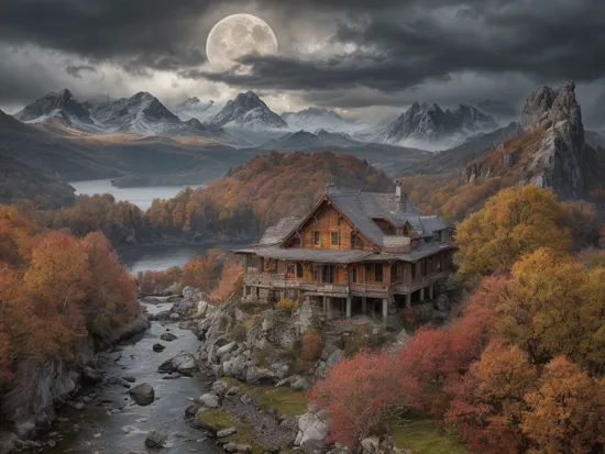 real world, (hyperrealism:1.1), (scales of extreme detail:1.3), best quality, dingdall effect,
photo RAW, (autumn, mountains and a storm lake with a moon in the sky, old wooden slab home, 4k highly detailed digital art, 4 k hd wallpaper very detailed, impressive fantasy landscape, sci-fi fantasy desktop wallpaper, 4k wallpaper, 4k detailed hdr photography, sci-fi fantasy wallpaper, epic dreamlike fantasy landscape, 4k hd matte, 8k, Realistic, realism, hd, 35mm photograph, 8k), masterpiece, award winning photography, natural light, perfect composition, high detail, hyper realistic, (composition centering, conceptual photography), realistic, detailed, balanced, by Trey Ratcliff, Klaus Herrmann, Serge Ramelli, Jimmy McIntyre, Elia Locardi, embedding:OverallDetail,