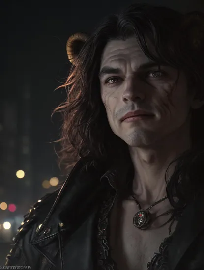 ((Closeup face focus)), (Cinematic photo: 1. 3), A Tiefling with long thin twisted horns, dark red skin, curly black hair, an evil smile, glowing yellow eyes, lion fangs in the role of a Joker\(Joker 2019\), stands in a leather coat with metal chains, brass buttons against the background of a medieval city's night street, ((Portreitshoot)) directional look, cinematic composition, (intricately detailed, fine details, hyperdetailed), ultra-detailed, (backlight:1. 2) intricate, style-empire, (lens flare:0.7), particle effects, raytracing, cinematic lighting, shallow depth of field, photographed on a Sony Alpha 1, 50mm wide angle lens, sharp focus, cinematic film still, absurdity, 8k quality, diffuse lighting, highres, (dark shot:1.17), epic realistic, faded, ((neutral colors)), art, (hdr:1.5), (muted colors:1.2), hyperdetailed, (artstation:1.5), cinematic, (rutkowski), warm lights, dramatic light, (intricate details: 0.8)