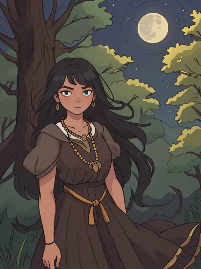 pocahontas, long black hair, necklace, dark skin,dress, looking serious, medium shot, 
standing, outside, forest, trees, night time, moon, high quality, masterpiece, 