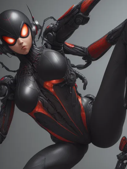 a photograph of 1girl in a black spider man costume 2099, biomechanical,  complex robot, full body, hyper realistic, insane fine details, Extremely sharp lines, cyberpunk aesthetic, a masterpiece, featured on zbrush central    