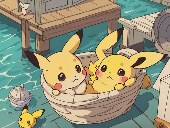closeup on cute fluffy baby pikachu in a basket in the docks, cinematic, screencap, by josef koudelka, high quality, light rays, sunrays, pov