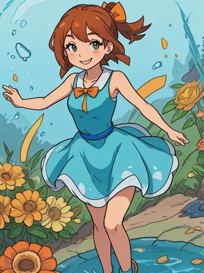 , jasmine \(pokemon\), aqua dress, orange bow, smile,