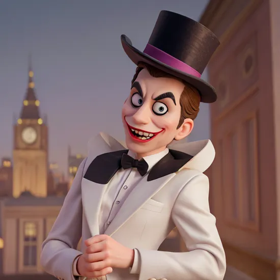 Hyperrealistic art of  
In Gotham City a joker cartoon character dressed in a top hat and suit Batman The Animated Series Style, Extremely high-resolution details, photographic, realism pushed to extreme, fine texture, incredibly lifelike