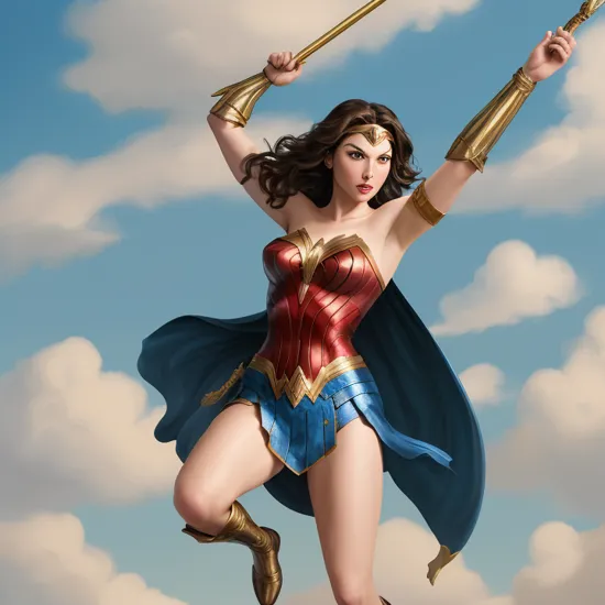 Gal Gadot as Wonder Woman, holding a golden whip, walking in New York City, daytime, blue sky with clouds, illustration, vintage art