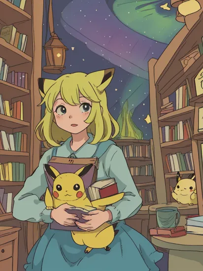 Pikachu (Hands holding an object delicately, showing care,  Northern lights , A lively bookstore, with cozy reading nooks and book lovers browsing the shelves:1.2),,