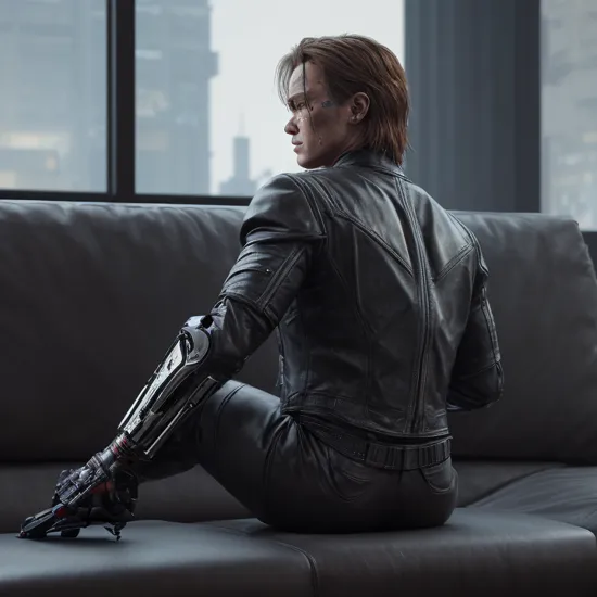 the terminator sitting on a couch, back view, staring at a screen, holding a (ps5 controller:1.2), confused, sparks flying, cyborg, cyberpunk, dark, scary, horror, extreme quality, hyperdetailed, 8k, unreal engine