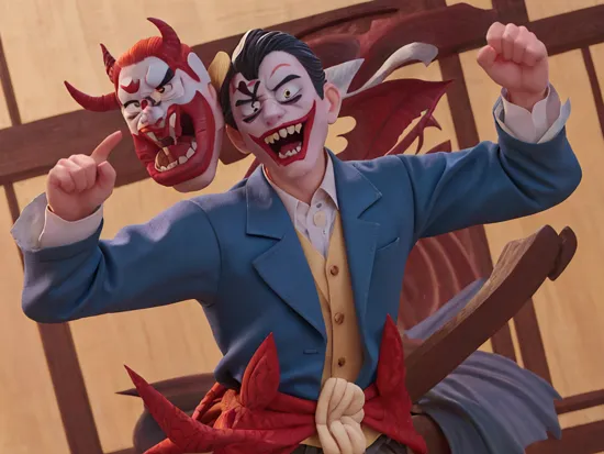 
the joker as a hannya, demon slayer boss, masterpiece , fighting, anime 