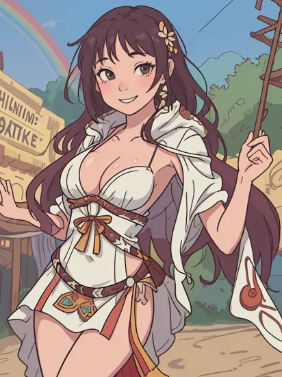 highres, masterpiece, realistic ,perfect ligthing, bloom, cinematic lighting, adult, perfect skin, female, looking at viewer, portrait, cleavage, smile :),, (PocahontasWaifu:1.2), (tribal dress:1.2) , wet clothes, inside  disney amusement park:1.2 ,rainbow in the sky, panty pull  ,nsfw