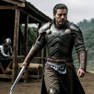 A man character in the game of throens stand next to dragons fighting with solder , wearing the armor of game of thrones . cinematic masterpiece ,dynamic body movement 