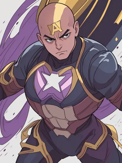  ARTSTYLE_EsadRibic_ownwaifu Thanos Purple big man, muscles, big chin, bald, golden black clothes color, armored, big metal gauntlet, Captain America, realistic , watercolor, marvel, combat fighting stance, dynamic angle, masterpiece, best quality, high quality, highres 