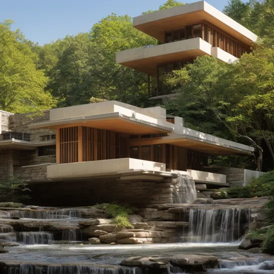 A photography showcase of Fallingwater, the iconic architecture by Frank Lloyd Wright located in Mill Run, Pennsylvania. Through the lens of Ansel Adams, using a 35mm lens, the scene captures the house s unique cantilevered terraces amidst the verdant forest. The color temperature exudes a cool blueish tint. No facial expressions as the primary focus is on the structure. Ambient light from the sun provides a gentle glow to the scene, casting soft shadows. The atmosphere is serene and timeless
Dive into the world of Photography that captures the essence of Frank Lloyd Wright's modern "Frank Lloyd Wright's modern style villa" with a focus on the architectural marvel of Fallingwater. Through a 35mm lens, witness the structure in intense clarity and sharpness. The image has a warm color temperature that highlights the building's iconic cascading forms. No facial expressions are present as the image focuses solely on architecture. The lighting is natural, with the sun casting soft shadows on the structure, giving depth and texture. The atmosphere feels serene and untouched by time
