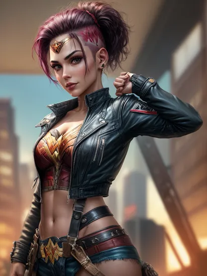 wonder woman, dressed as a punk, shaved side head hairstyle, detailed long hair, wearing short unzipped crop army jacket, crop top, cleavage, smirking, cyberpunk style, professional comic book style, daytime skies, 
,