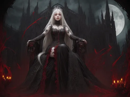 1girlsoloWhite hair, White hair, Gothic architecture, palaces, thrones, halls,
spiderqueen,spider monster,IM-Rysj,full body,conceptual design,queen like,crown of thorns,glowing red eyes,otherworldly beings,strong sense of light, intricate use of hatching,painted by MichaelCTY(Chang Ting Yu),in the style of Dark Soul!b::3,dark fantasy,
masterpiece,best quality,ultra detailed,photorealistic,realistic,photography,1girl,solo,crown,earrings,pearls and jewels,full body,long fingernails, night, moon
A shot with tension(sky glows red,Visual impact,giving the poster a dynamic and visually striking appearance:1.2),

