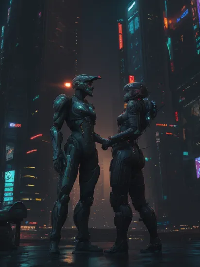 professional 3d model Two people, Cortana and Master Chief romantically engaging each other, 
cyberpunk cityscape in the background, cyberpunk surroundings, futuristic cyberpunk art style, multicolor neon lights, night time, water reflections, dark atmosphere,
cinematic action shot, raw photo, HDR colors,
masterpiece, best quality, high quality, intricate, ultra detailed, 16k, highres, absurdres    . octane render, highly detailed, volumetric, dramatic lighting