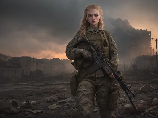 a photography at night of a battleground with 1 stunningly gorgeous 20 years old woman from the army holding a riffle standing face of the camera, (masterpiece:1.3), front picture, braids on 1 side, messy hair photorealistic, (full body in the picture:1.2), panorama, landscape, photography, best quality, night shot, intricate details, perfect detailed face, gray, black, incendie in the background, contrast, depth, texture, detail, clutter and mess everywhere, (downtown:1.1), (destroyed city:1.1), (destroyed buildings:1.1), black smoke in the background, very serious face, very menacing face, (beautiful realist sky at dusk:1.2), woman face, dark clouds, field full of corpses in the background, (long hair:1.1), (blond hair:1.3), stunning blue eyes, sharp eyes, (modern military clothes:1.2), (camo clothes:1.2), (fully dressed:1.2), (riffle in hands:1.2), (stains of dirt and blood on her body and face:1.2), industrial, gloomy ambiance, composition, light, shadow, reflection, refraction, vanishing point, horizon line, focal point, (Ukrainian flag laying on her shoulders), realist AK-74 series, epic, wound, dramatic