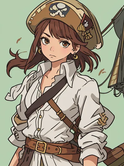 jack sparrow, anime style, masterpiece, best quality, 1girl, brown eyes, hat, brown hair, closed mouth, earrings, green background, hat, pirate,  jewelry, looking at viewer, shirt, short hair, simple background, solo, upper body, white shirt, 