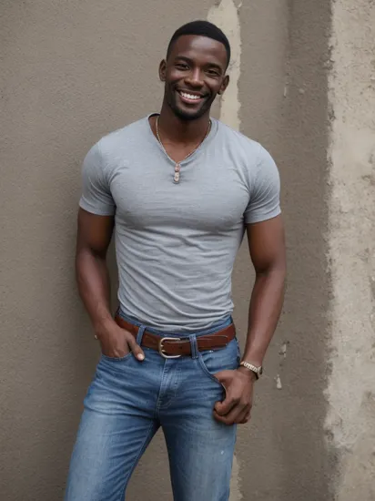 a fit African man, smile, grey tshirt, belt, blue jeans, street photography
