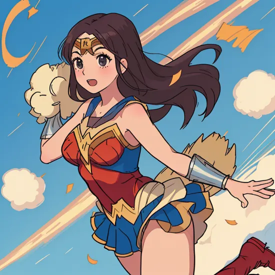 Anime artwork. Wonder Woman as a Cheerleader,  lifting pompoms into the air,  jumping excitedly with friends,StdGBRedmAF, Studio Ghibli, 