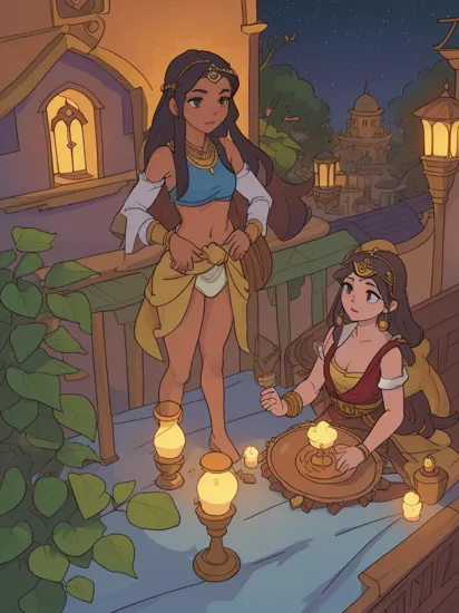 jasmine, dark-skinned female, pale skin, multi-tied hair, night sky, long hair, blue bandeau, Princess Jasmine and monkey on the balcony of her palace, Abu, monkey, capuchin, monkey cawing, monkey in red vest, monkey in headdress, surrounded by lush gardens and Arabian architecture, (Agrabah:1.1), Arab architecture, Disney style, magical lighting, enchanting atmosphere, Digital artwork, Resolution: 4k, cinematic view, scenic perspective, (best quality:1.2), (masterpiece:1.3), (high resolution:1.3), 